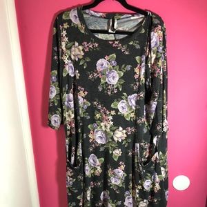 MOA mid-length black dress w/ purple flowers